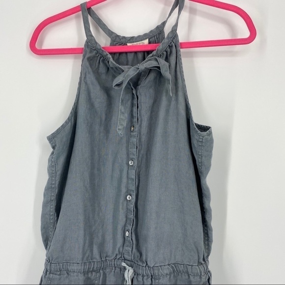 Lou & Grey Dusty Blue Romper Tie Neck Button Up.  100% linen. Drawstring - Picture 5 of 9